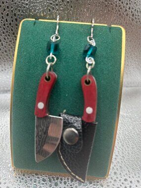 Handmade Witch B*tch Real Knife and Blue/Green Glass Bead Earrings